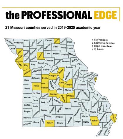 Missouri map showing counties served through the Professional EDGE program.